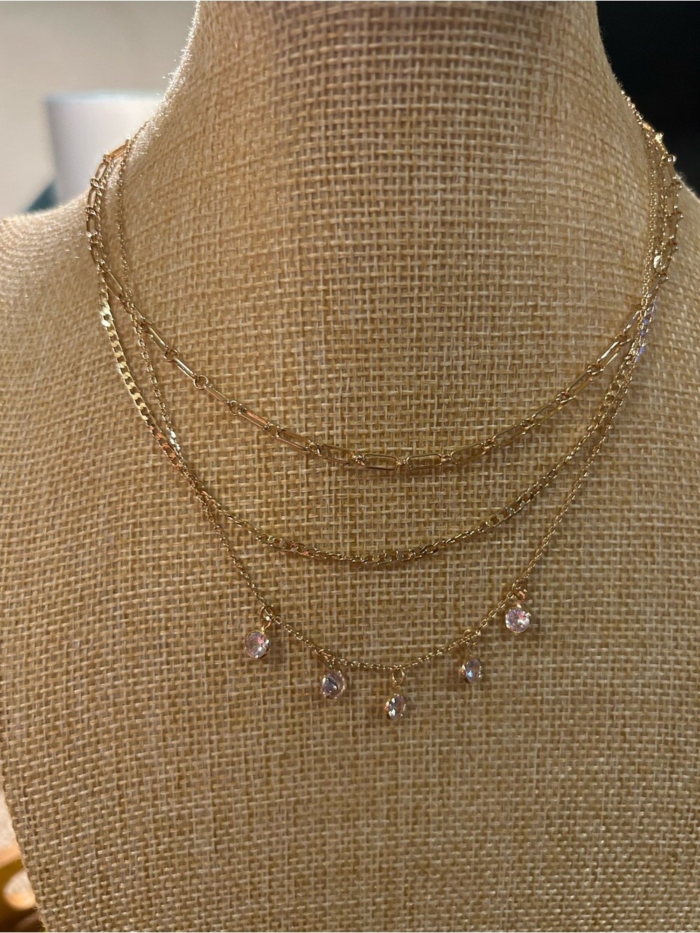 Gold Layered Necklace with Crystal Drops - Women Jewelry - Picture 4 of 5